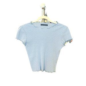 Brandy Melville Ruffled Lettuce Edge Light Blue & White Striped Ribbed Tee